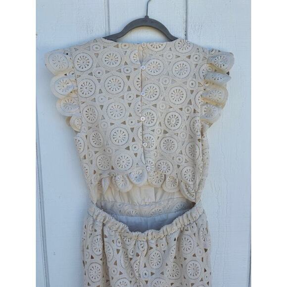 NWT Skies Are Blue Crochet Jumpsuit, Ruffle Sleeve, Ivory, Open Back, Size S - Picture 8 of 8